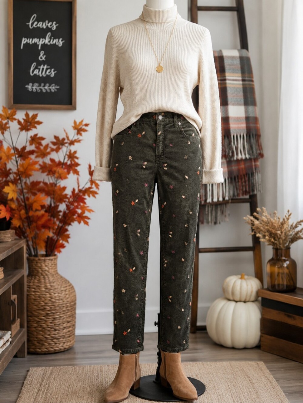 Talbots Size 12 Olive Corduroy Embroidered Fall Straight Leg Pants